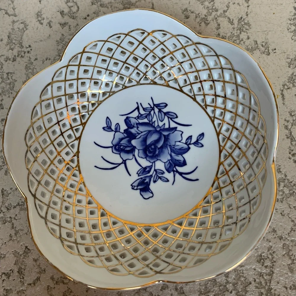 Venezia Elegant Blue and Gold Floral Porcelain Bowl